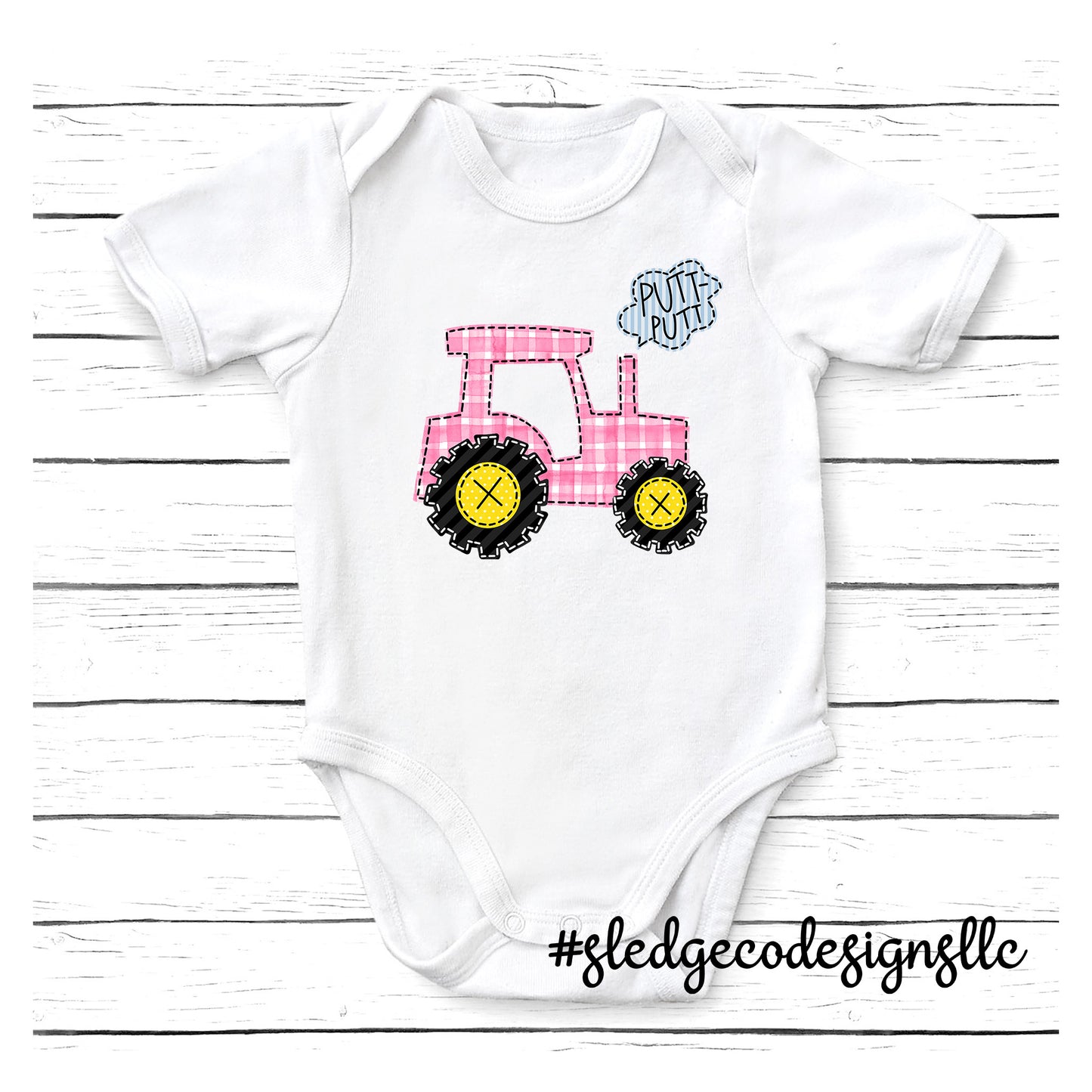 Little PINK Tractor Faux Applique | Southern GIRLS onesie | CUSTOM Infant Jersey Short Sleeve One Piece