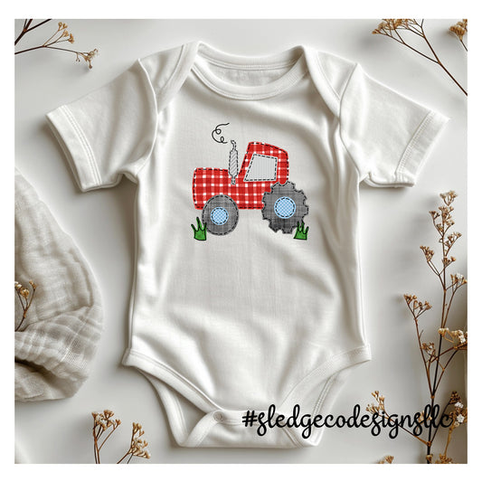 Little Red Tractor Faux Applique | Southern BOYS onesie | CUSTOM Infant Jersey Short Sleeve One Piece