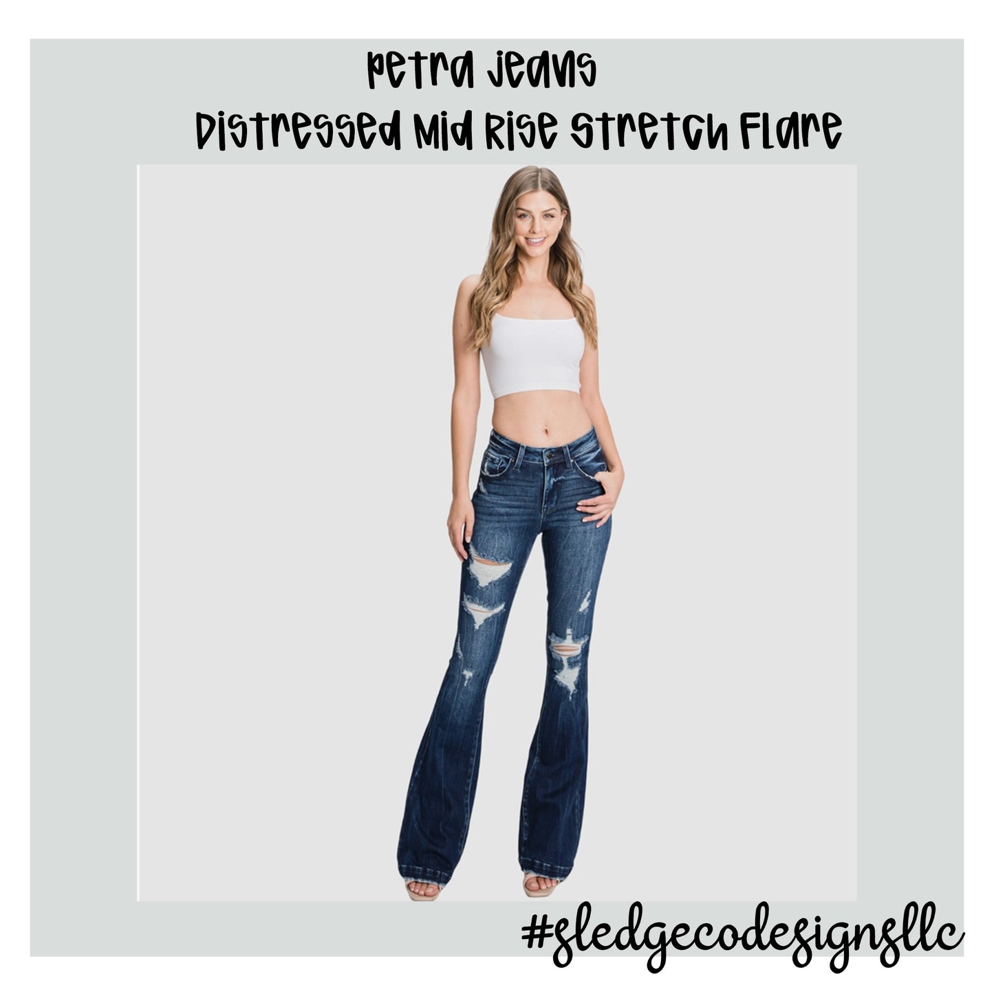 PETRA 153 JEANS - Distressed Mid Rise Stretch Flare
