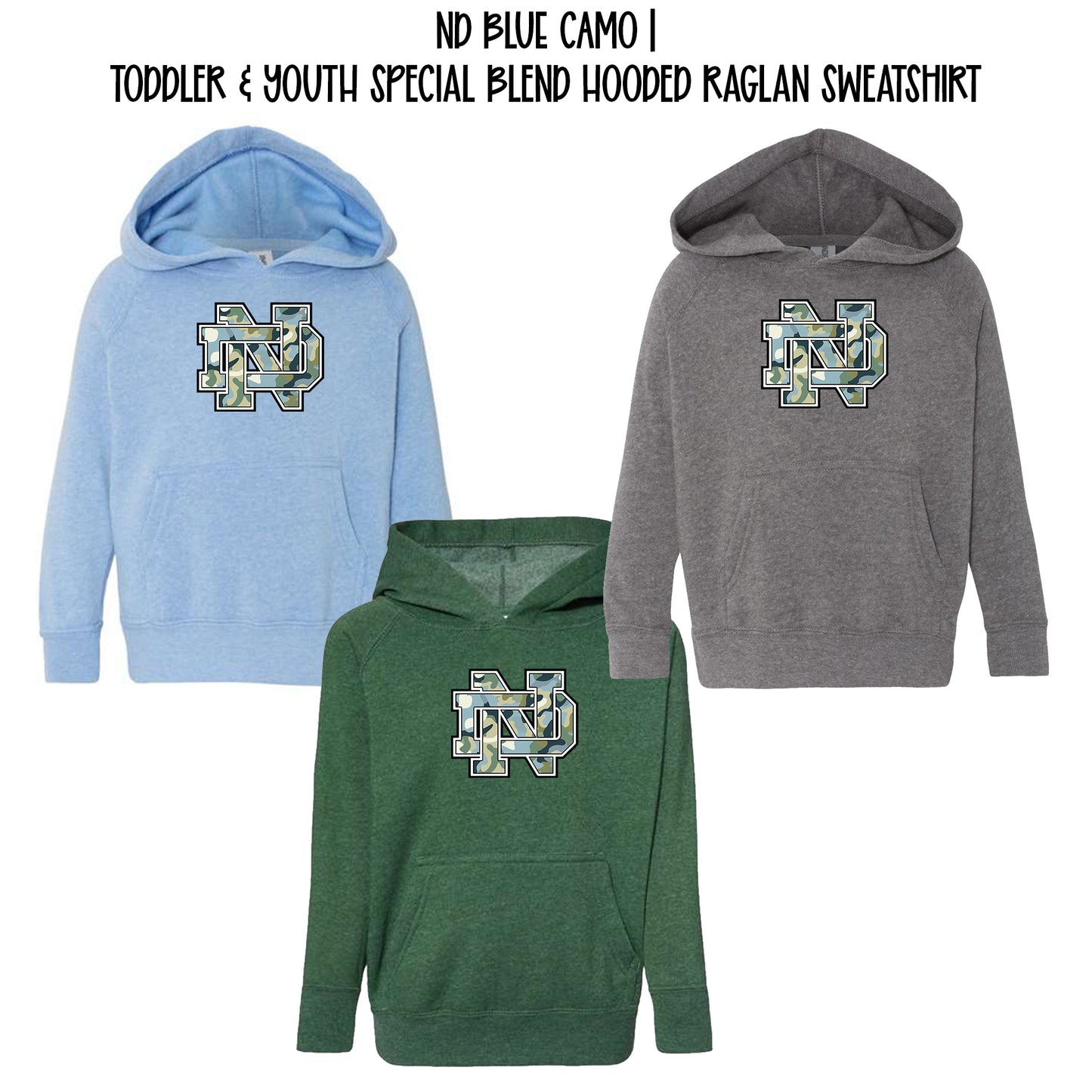 NORTH DELTA | ND LOGO BLUE CAMO | Toddler & YOUTH Special Blend Hooded Raglan Sweatshirt