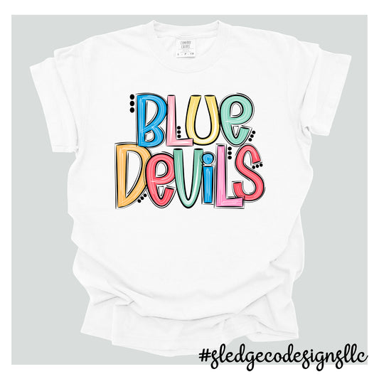 TUNICA ACADEMY BLUE DEVILS |  COLORFUL SKETCHED DOODLE |  Custom Unisex Tshirt