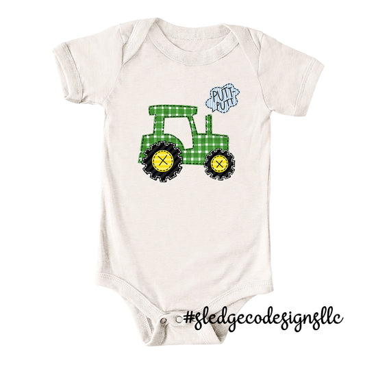GREEN Tractor Faux Applique | Southern BOYS onesie | CUSTOM Infant Jersey Short Sleeve One Piece