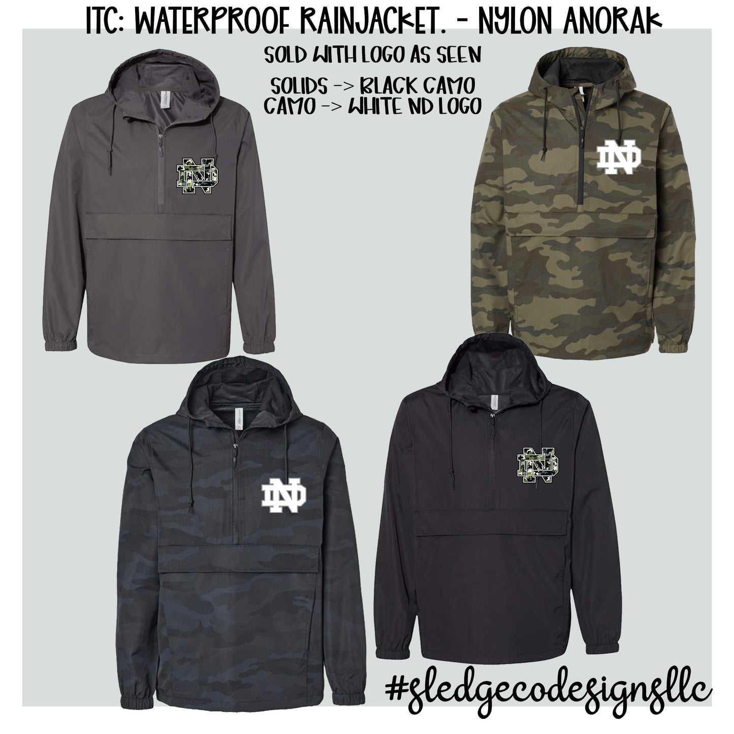North Delta | BLACK CAMO & WHITE ND LOGO  | Nylon Anorak | Unisex Waterproof Rainjacket