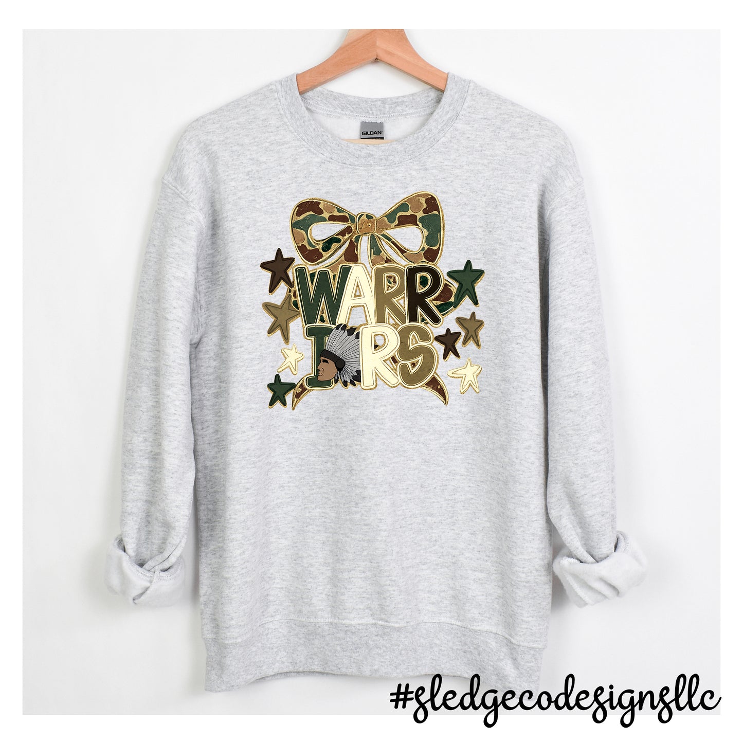 Senatobia Warriors spirit wear white sweatshirt with camouflage bow | Custom school apparel by Sledge Co Designs