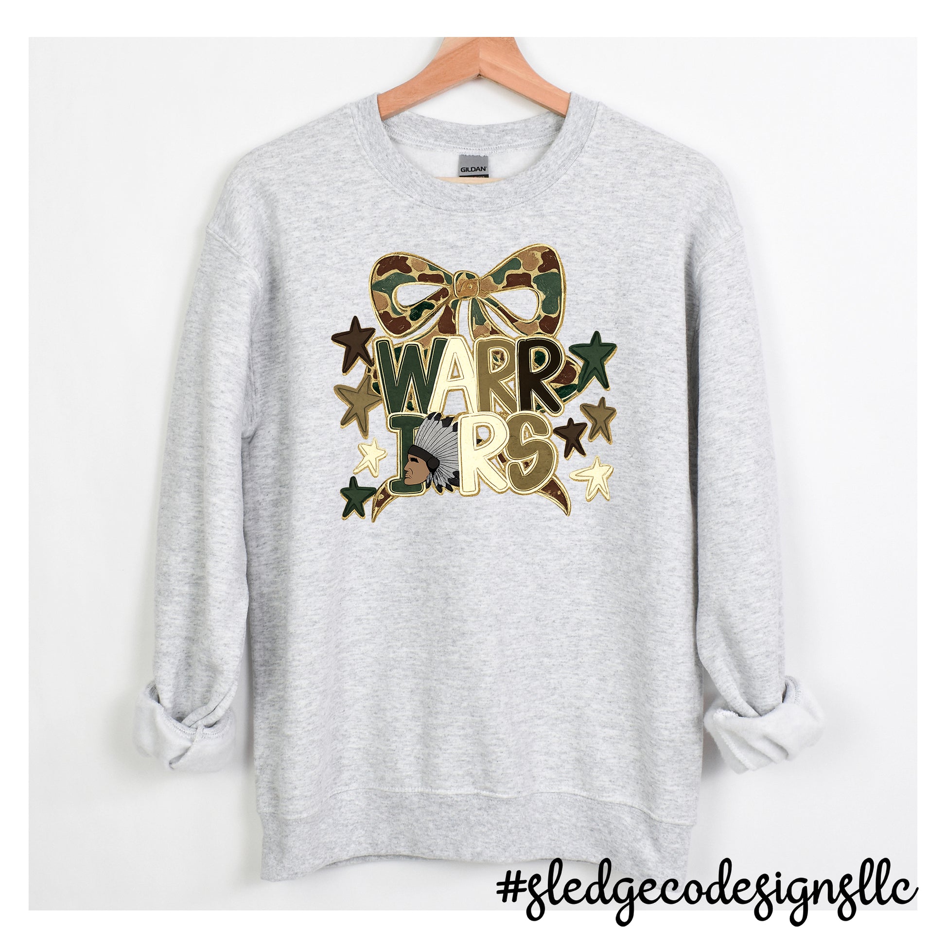 Senatobia Warriors spirit wear white sweatshirt with camouflage bow | Custom school apparel by Sledge Co Designs