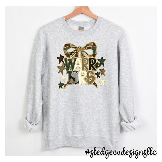 Senatobia Warriors spirit wear white sweatshirt with camouflage bow | Custom school apparel by Sledge Co Designs