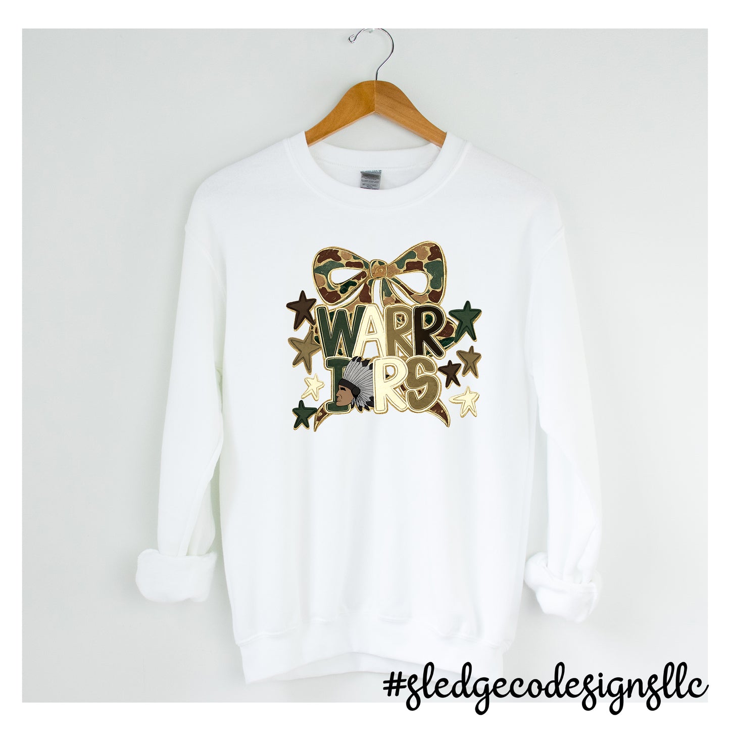Senatobia Warriors spirit wear white sweatshirt with camouflage bow | Custom school apparel by Sledge Co Designs